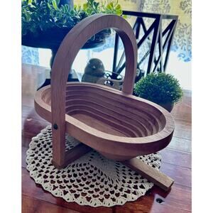 Vintage Handcrafted Oval Collapsible Wooden Basket With Handle